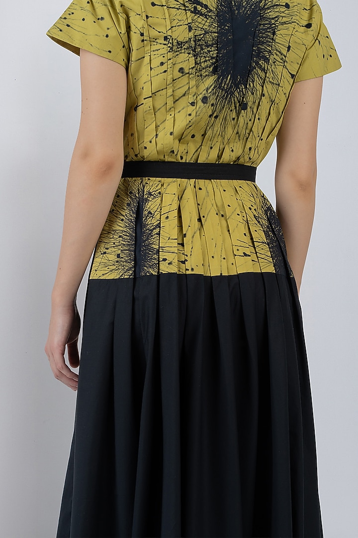 Black & Lime Yellow Cotton Pleated Maxi Vacation Dress by LEH STUDIOS at Pernia's Pop Up Shop