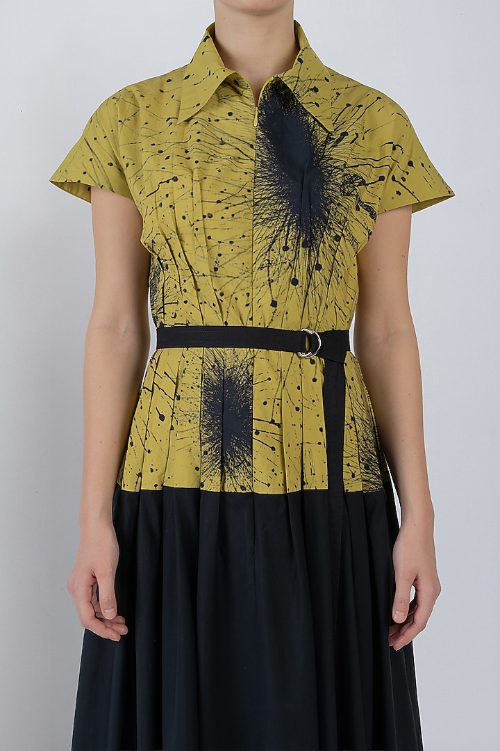 Black & Lime Yellow Cotton Pleated Maxi Vacation Dress by LEH STUDIOS at Pernia's Pop Up Shop