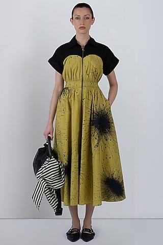 Black & Lime Yellow Cotton Maxi Dress by LEH STUDIOS