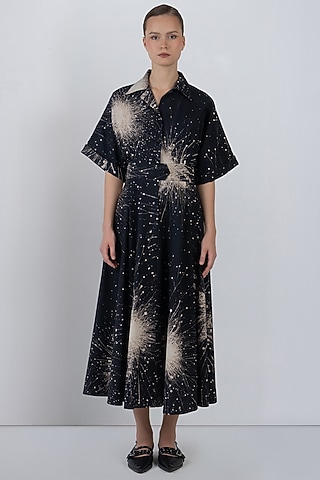 Black & Ivory Cotton Poplin Maxi Dress by LEH STUDIOS