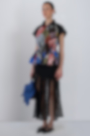 Black Viscose & Polyester Fringed Paneled Skirt by LEH STUDIOS at Pernia's Pop Up Shop