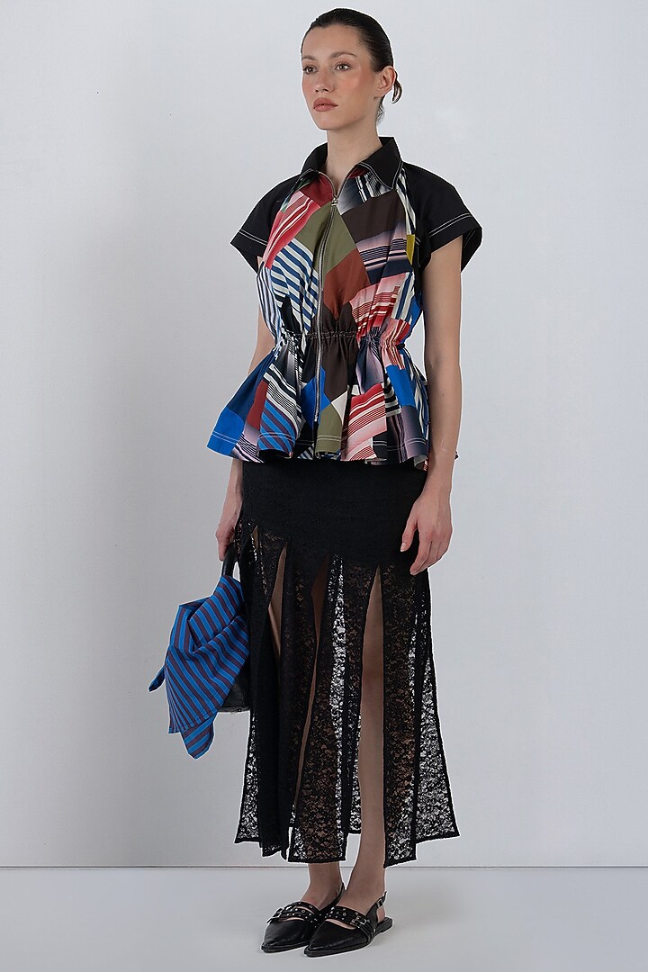 Black Viscose & Polyester Fringed Paneled Skirt by LEH STUDIOS at Pernia's Pop Up Shop