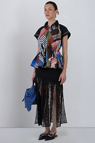 Black Viscose & Polyester Fringed Paneled Skirt by LEH STUDIOS