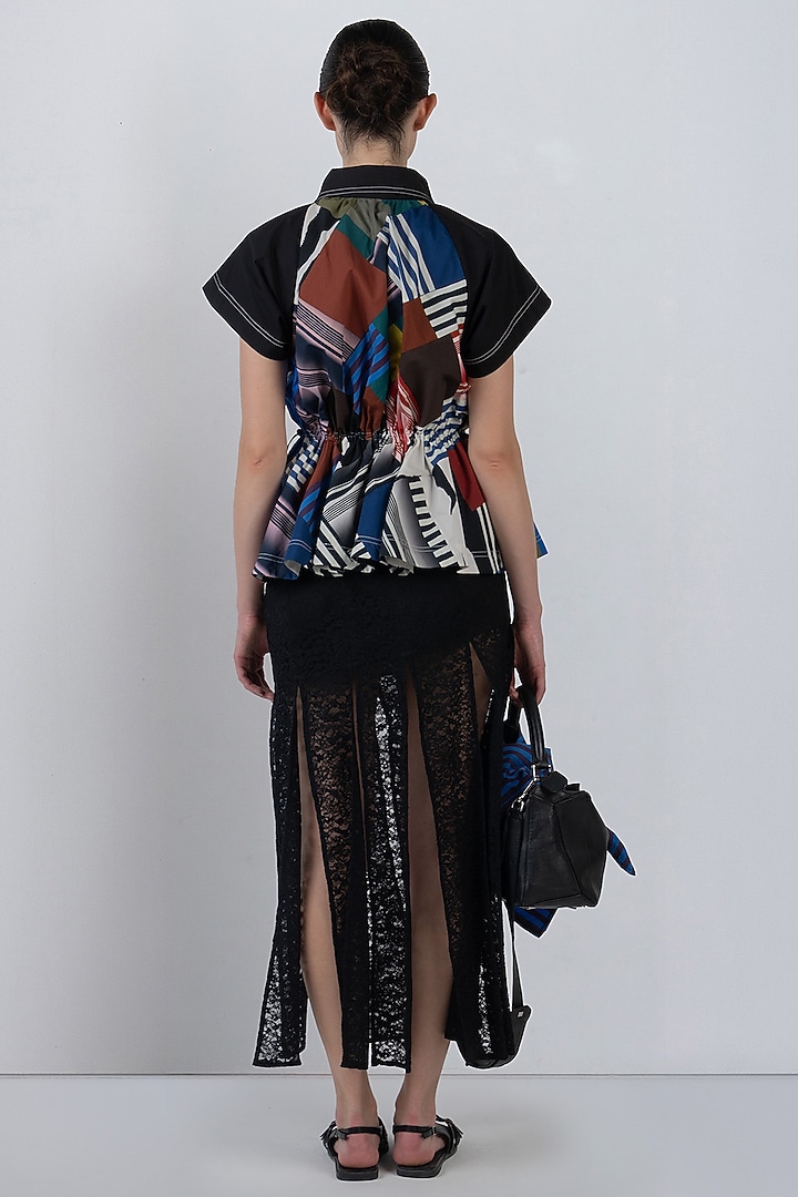 Black Viscose & Polyester Fringed Paneled Skirt by LEH STUDIOS at Pernia's Pop Up Shop