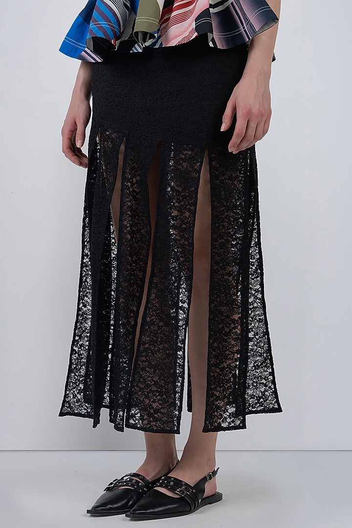 Black Viscose & Polyester Fringed Paneled Skirt by LEH STUDIOS at Pernia's Pop Up Shop