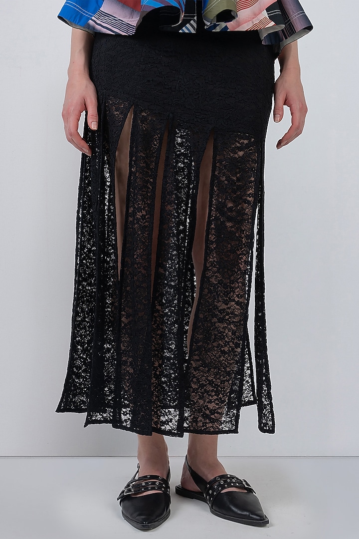 Black Viscose & Polyester Fringed Paneled Skirt by LEH STUDIOS at Pernia's Pop Up Shop