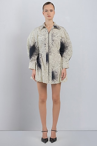 Black & Ivory Cotton Printed Mini Dress by LEH STUDIOS