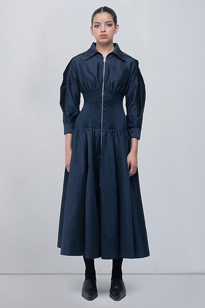 Navy Blue Polyester Draped Vacation Dress by LEH STUDIOS at Pernia's Pop Up Shop