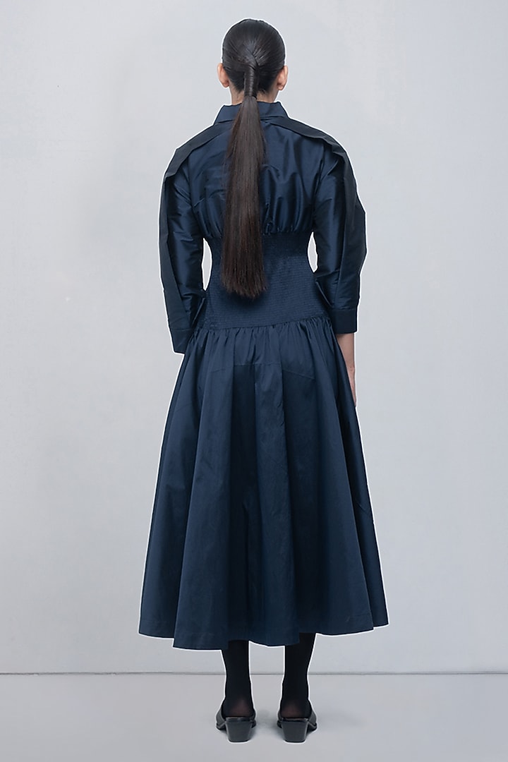 Navy Blue Polyester Draped Vacation Dress by LEH STUDIOS at Pernia's Pop Up Shop