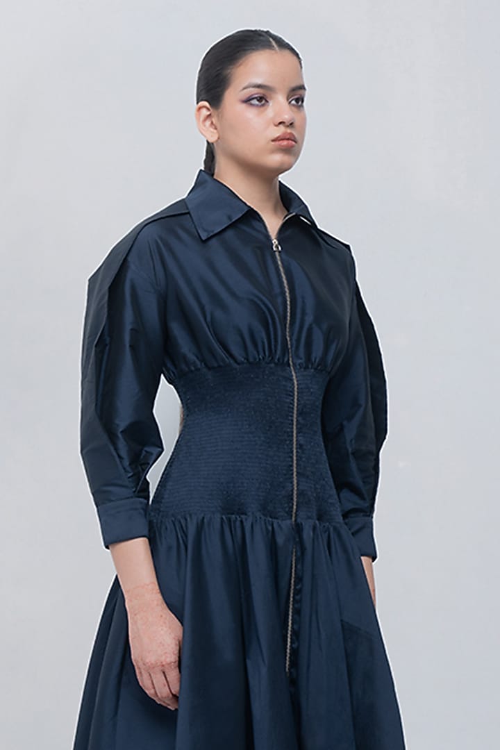 Navy Blue Polyester Draped Vacation Dress by LEH STUDIOS at Pernia's Pop Up Shop