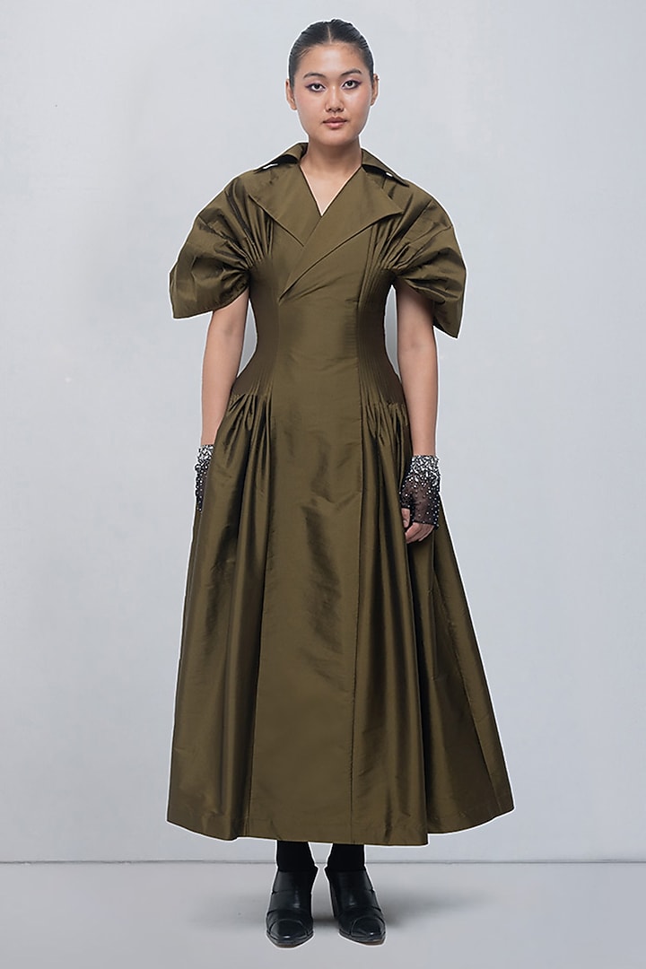 Olive Green Polyester Maxi Vacation Dress by LEH STUDIOS at Pernia's Pop Up Shop