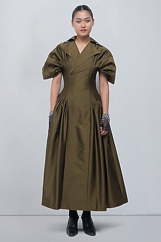 Olive Green Polyester Maxi Dress by leh studios