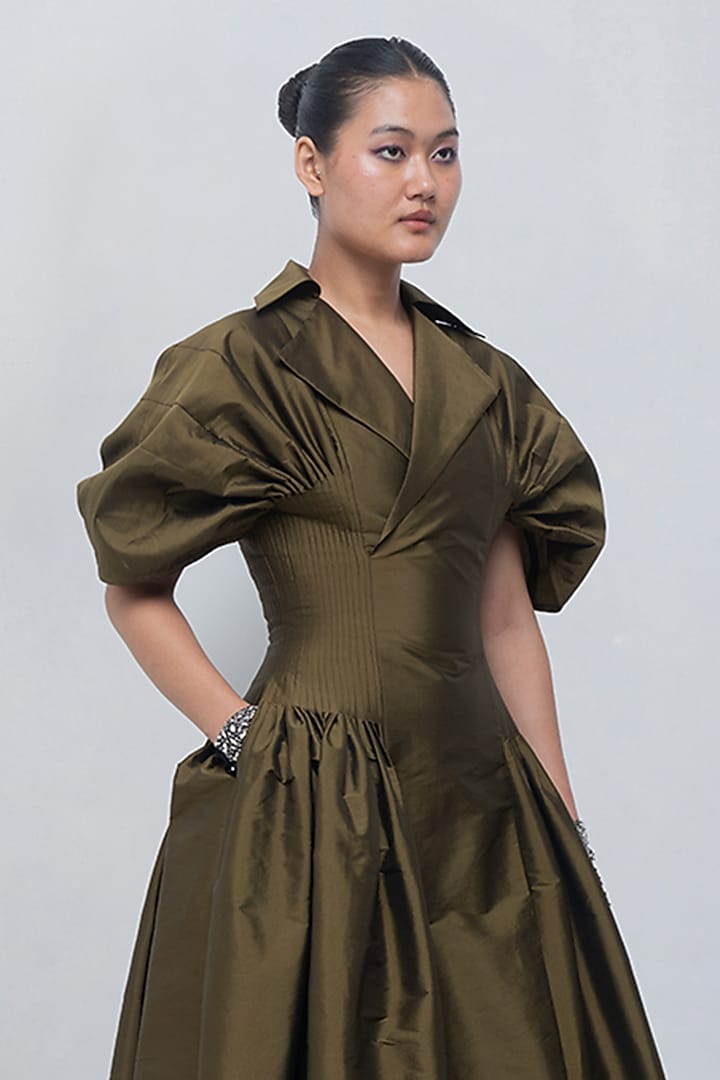 Olive Green Polyester Maxi Vacation Dress by LEH STUDIOS at Pernia's Pop Up Shop