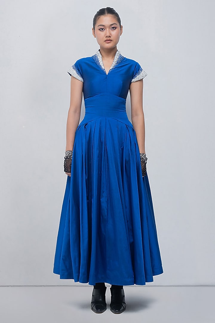 Electric Blue Polyester Embellished Pleated Maxi Cocktail Dress by LEH STUDIOS at Pernia's Pop Up Shop