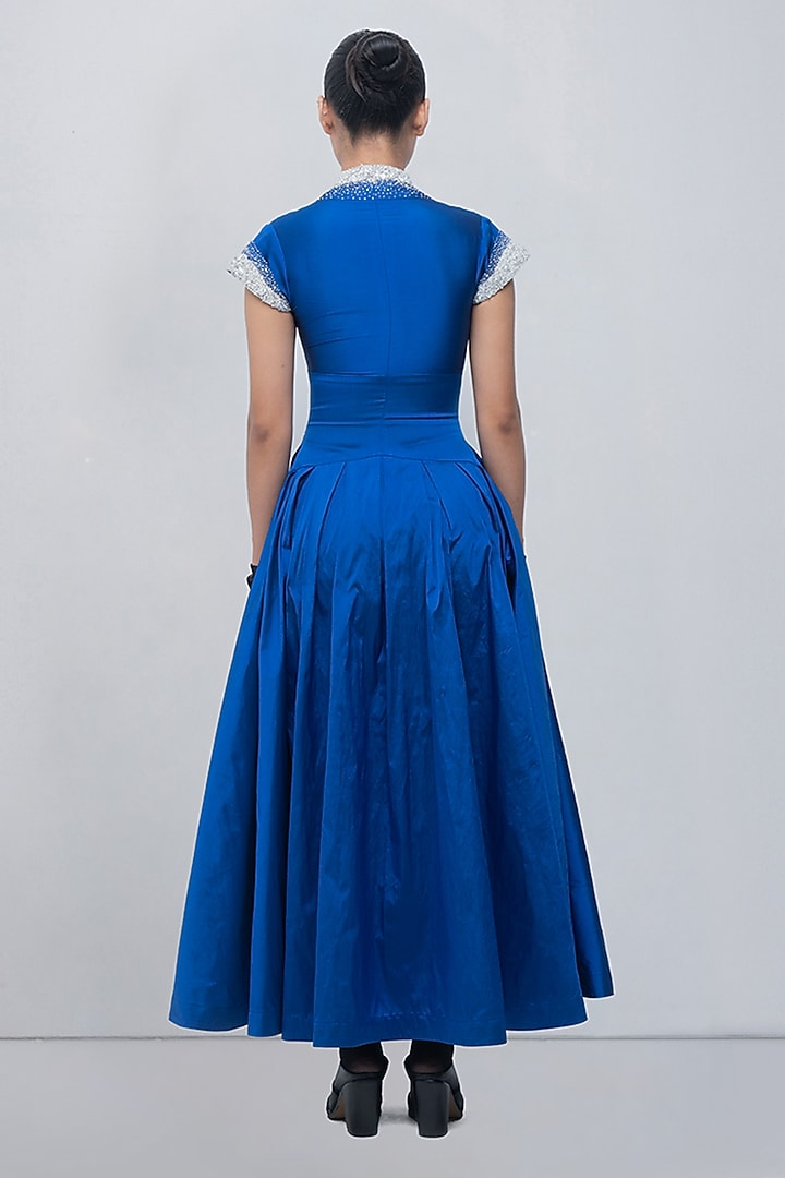 Electric Blue Polyester Embellished Pleated Maxi Cocktail Dress by LEH STUDIOS at Pernia's Pop Up Shop