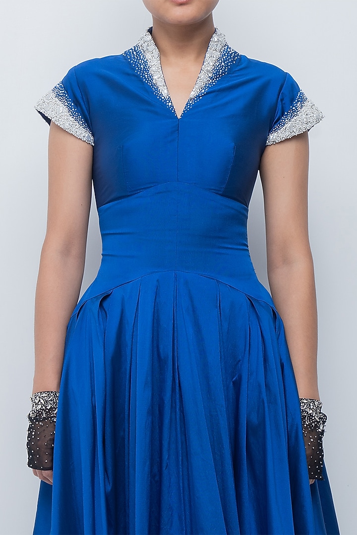 Electric Blue Polyester Embellished Pleated Maxi Cocktail Dress by LEH STUDIOS at Pernia's Pop Up Shop