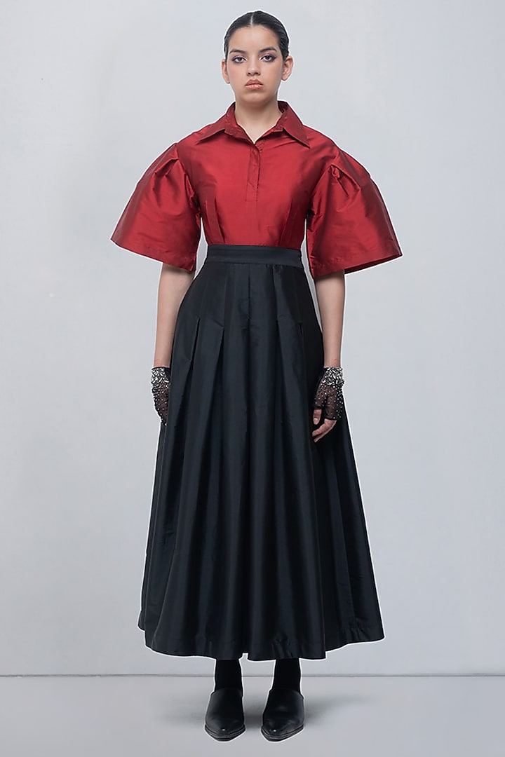 Red & Black Taffeta Flared Maxi Vacation Dress by LEH STUDIOS at Pernia's Pop Up Shop
