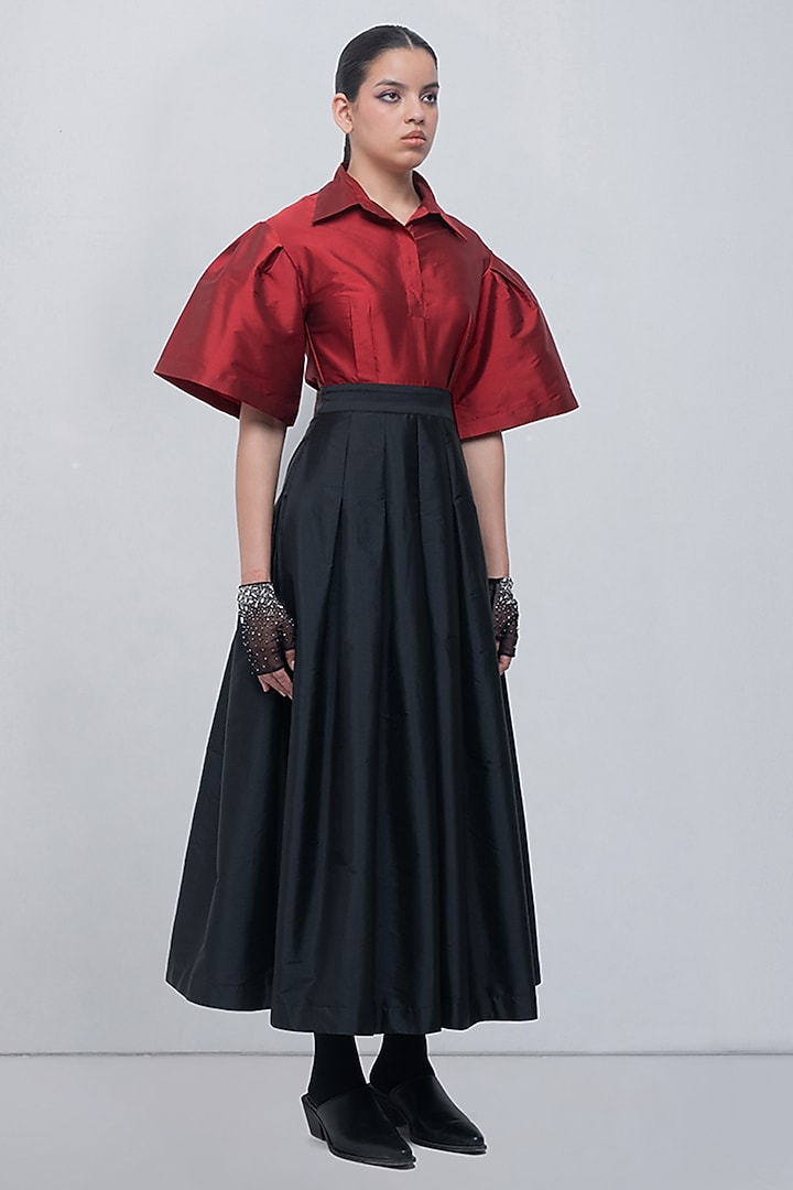 Red & Black Taffeta Flared Maxi Vacation Dress by LEH STUDIOS at Pernia's Pop Up Shop