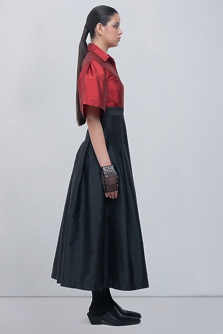 Red & Black Taffeta Flared Maxi Vacation Dress by LEH STUDIOS at Pernia's Pop Up Shop