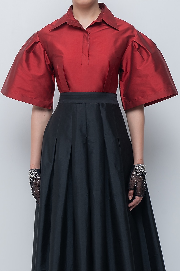Red & Black Taffeta Flared Maxi Vacation Dress by LEH STUDIOS at Pernia's Pop Up Shop