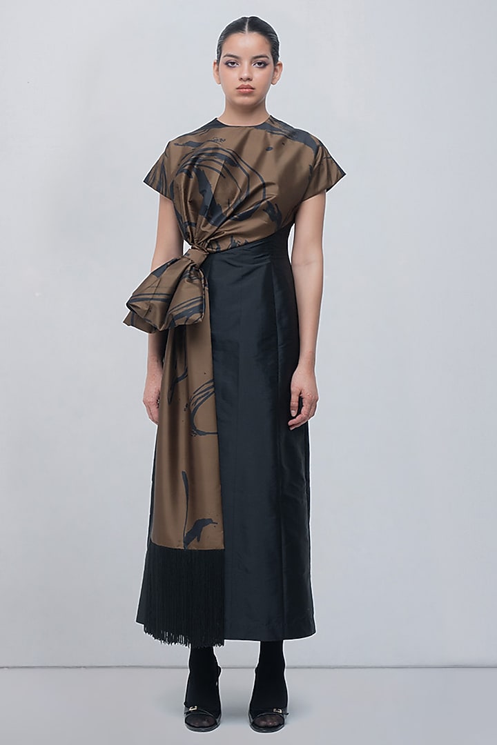 Olive & Black Brushstroke Printed Taffeta Knotted Draped Cocktail Dress by LEH STUDIOS at Pernia's Pop Up Shop