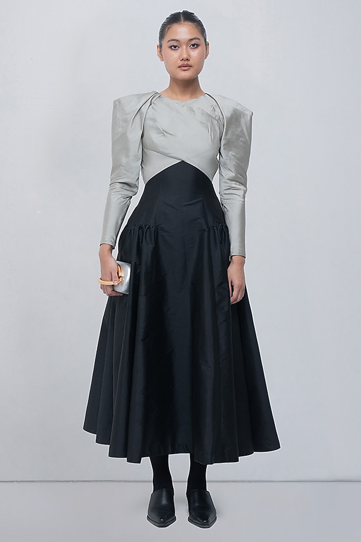 Silver & Black Viscose Draped Maxi Cocktail Dress by LEH STUDIOS at Pernia's Pop Up Shop