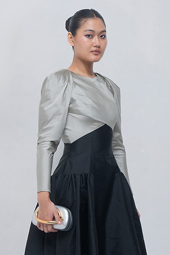 Silver & Black Viscose Draped Maxi Cocktail Dress by LEH STUDIOS at Pernia's Pop Up Shop