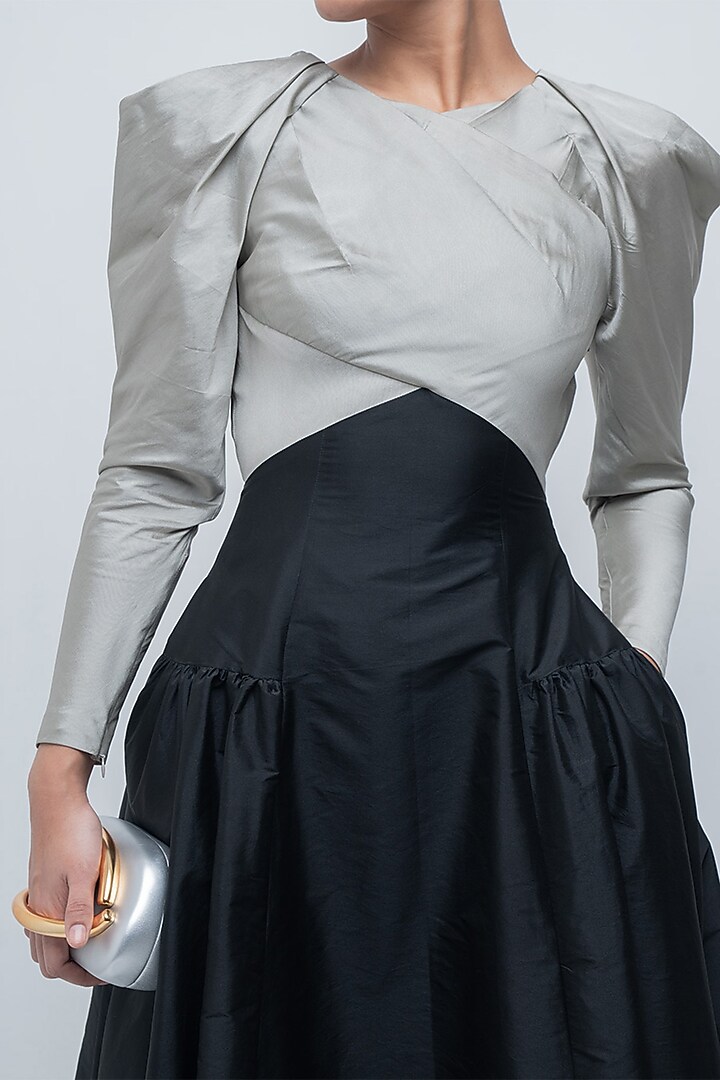 Silver & Black Viscose Draped Maxi Cocktail Dress by LEH STUDIOS at Pernia's Pop Up Shop