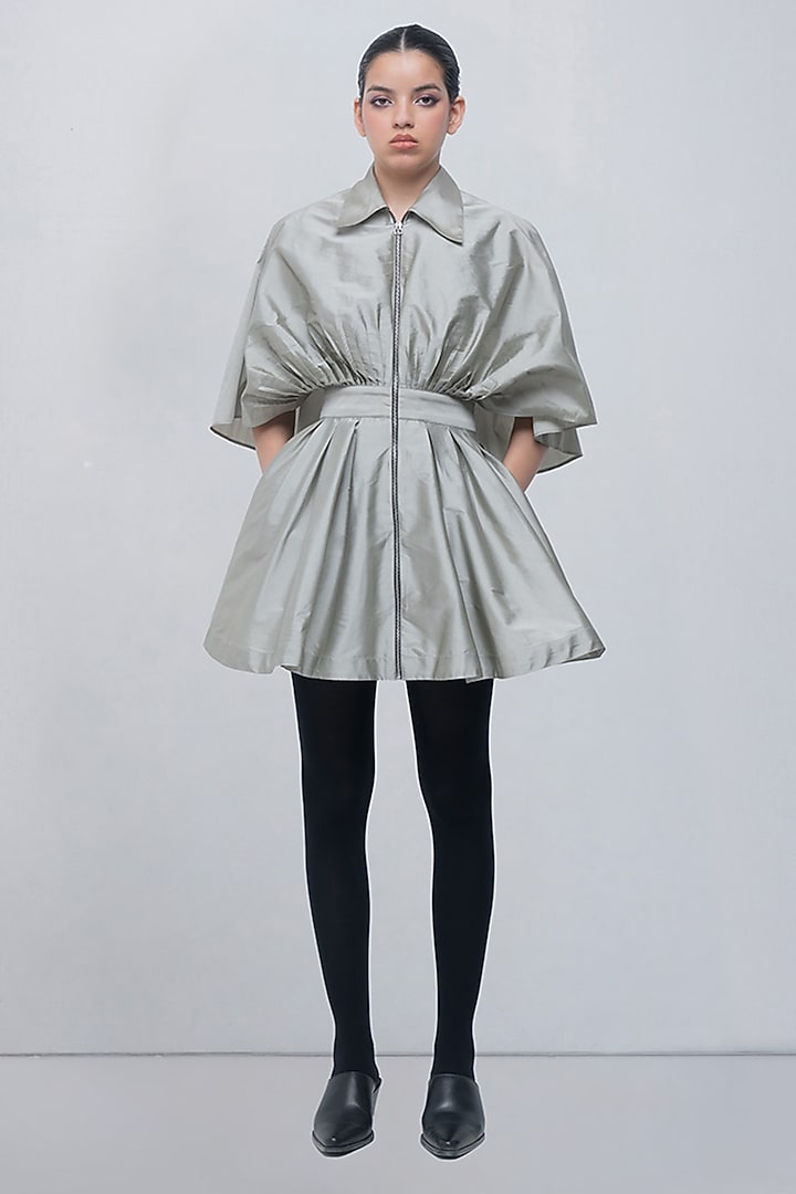 Silver Viscose Draped Mini Vacation Dress by LEH STUDIOS at Pernia's Pop Up Shop