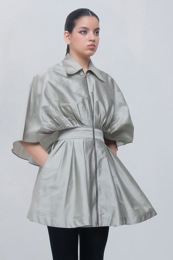 Silver Viscose Draped Mini Vacation Dress by LEH STUDIOS at Pernia's Pop Up Shop