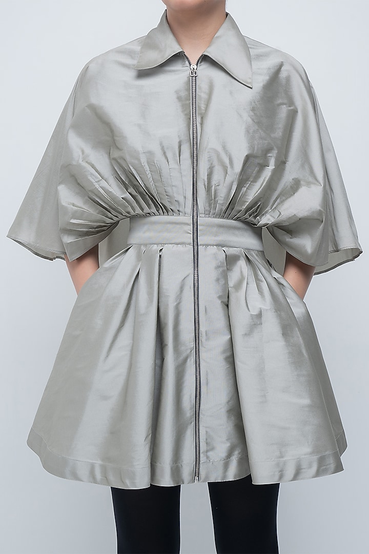 Silver Viscose Draped Mini Vacation Dress by LEH STUDIOS at Pernia's Pop Up Shop