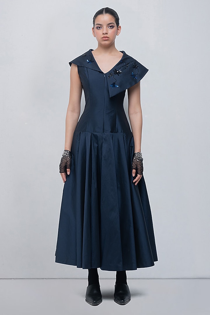 Navy Viscose Embellished Pleated Cocktail Dress by LEH STUDIOS at Pernia's Pop Up Shop