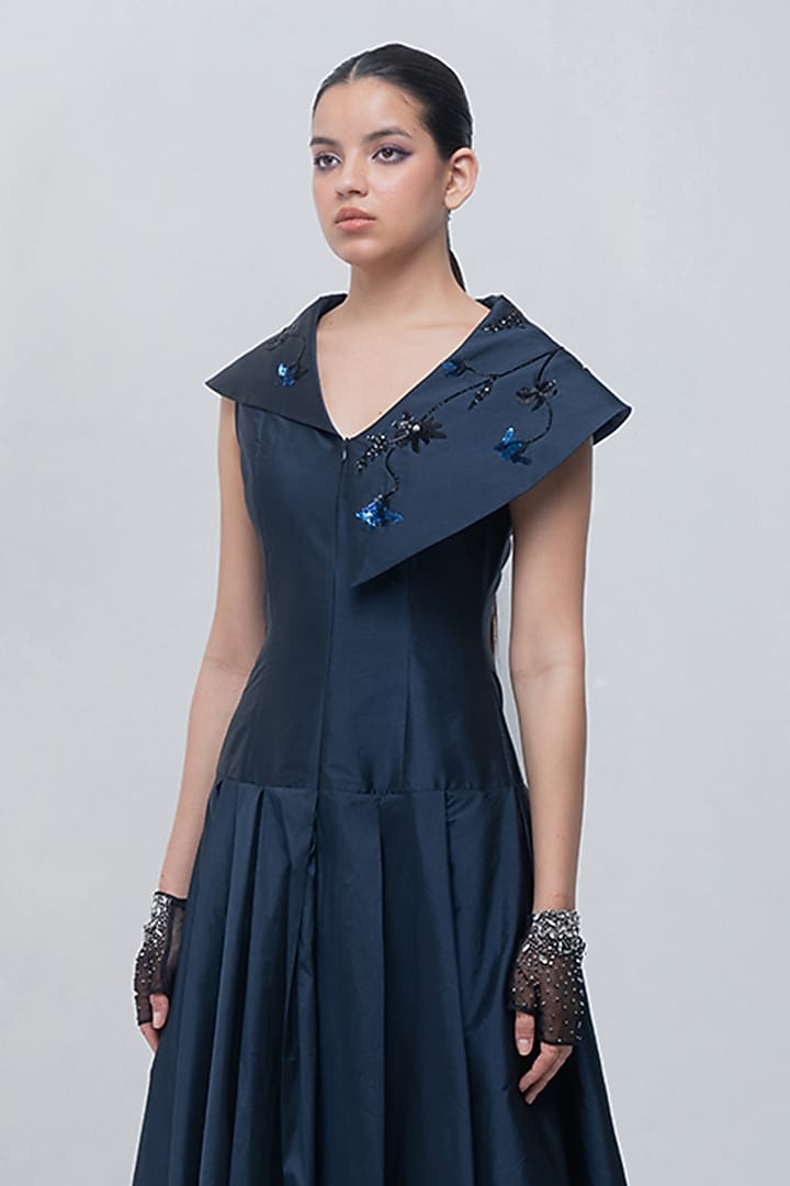 Navy Viscose Embellished Pleated Cocktail Dress by LEH STUDIOS at Pernia's Pop Up Shop