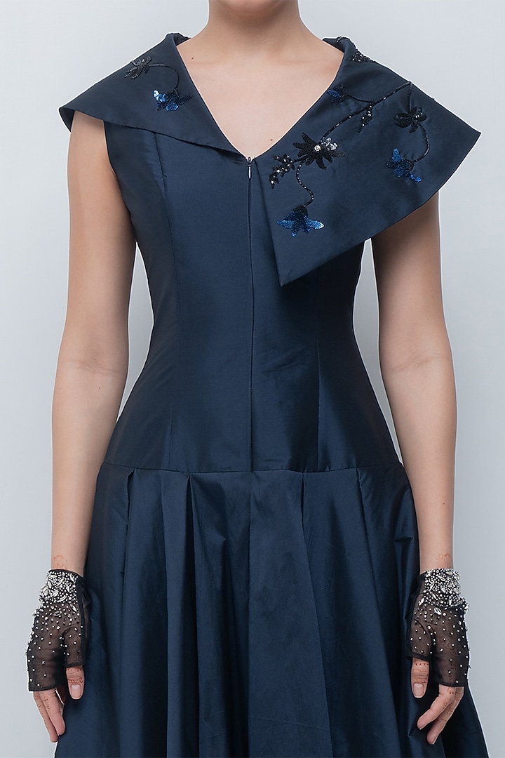 Navy Viscose Embellished Pleated Cocktail Dress by LEH STUDIOS at Pernia's Pop Up Shop
