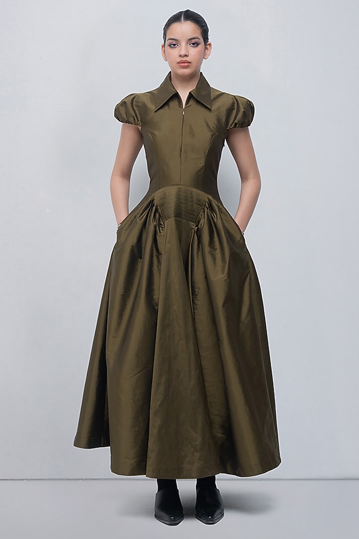 Olive Green Polyester Pleated Maxi Vacation Dress by LEH STUDIOS at Pernia's Pop Up Shop