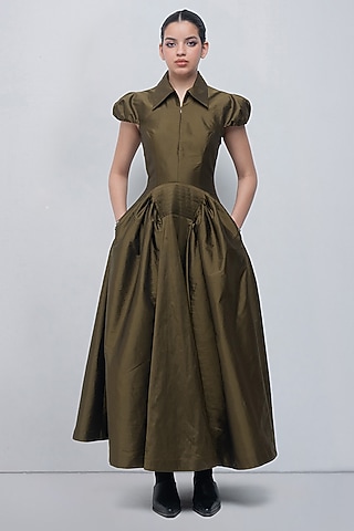 Olive Green Polyester Pleated Maxi Dress by leh studios