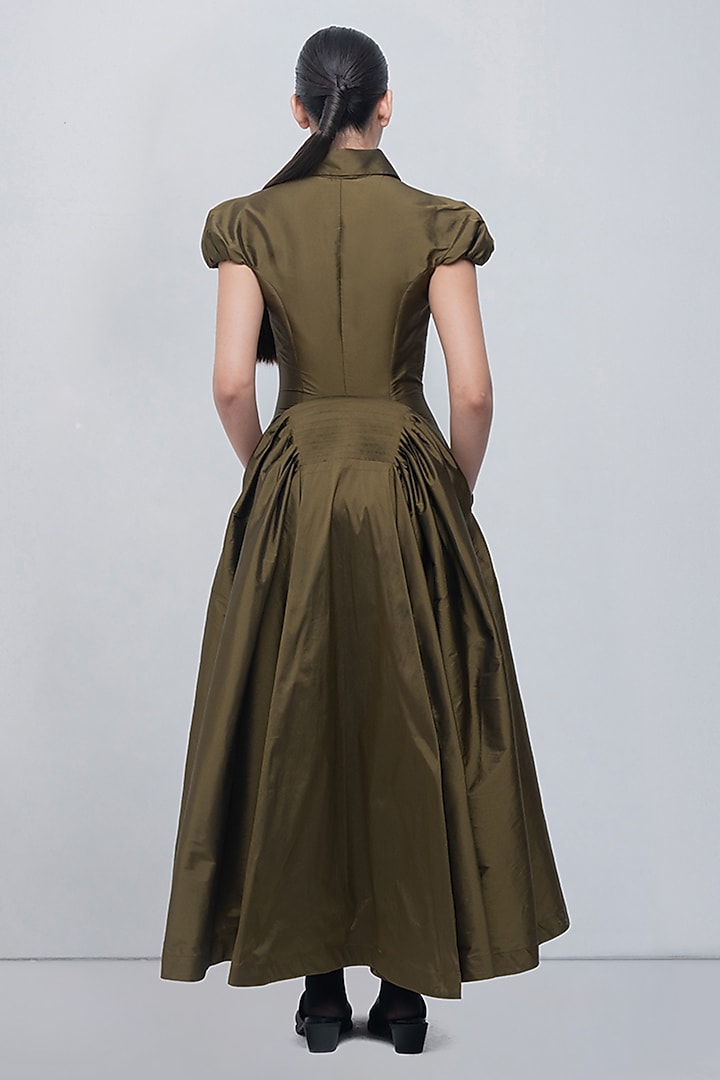 Olive Green Polyester Pleated Maxi Vacation Dress by LEH STUDIOS at Pernia's Pop Up Shop