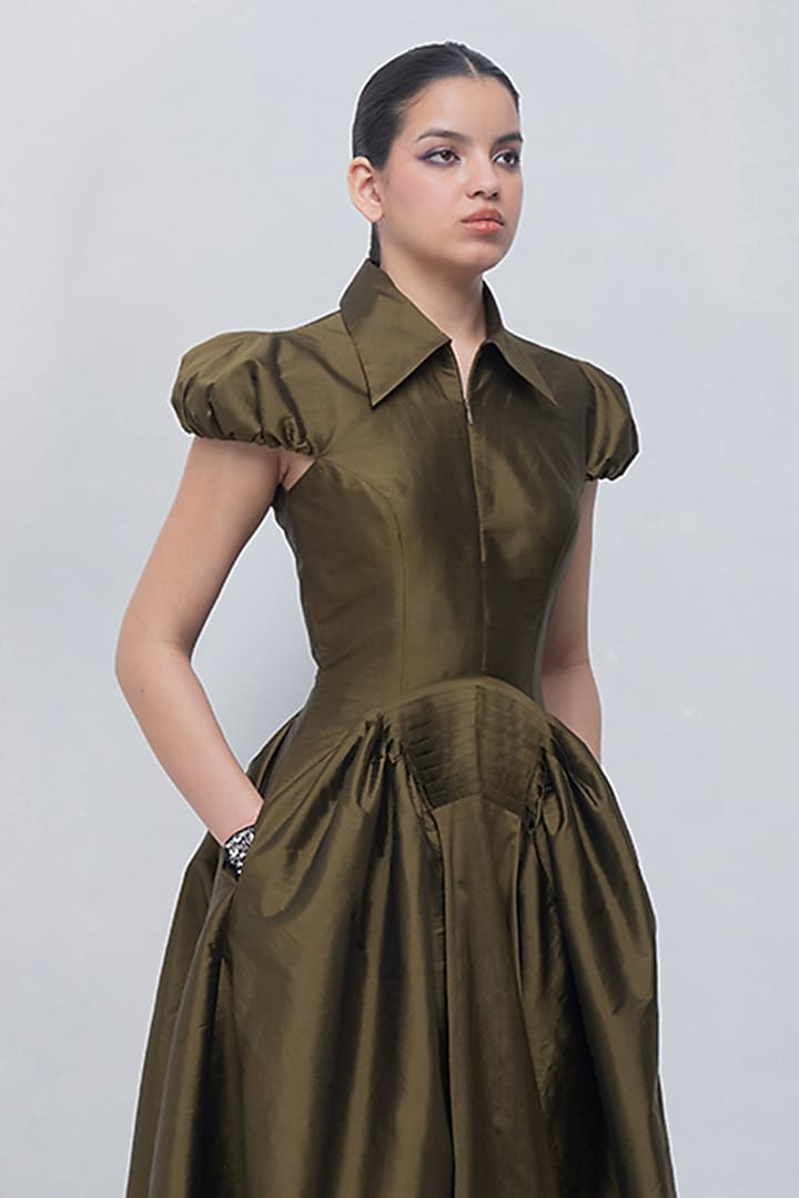 Olive Green Polyester Pleated Maxi Vacation Dress by LEH STUDIOS at Pernia's Pop Up Shop