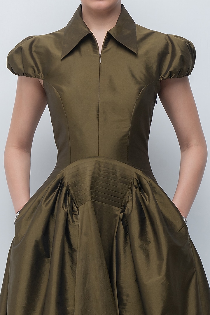Olive Green Polyester Pleated Maxi Vacation Dress by LEH STUDIOS at Pernia's Pop Up Shop