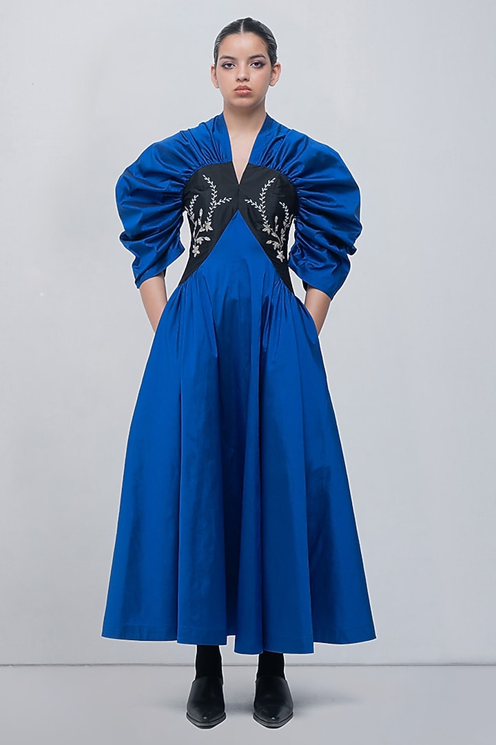 Electric Blue & Black Viscose Polyester Embellished Cocktail Dress by LEH STUDIOS at Pernia's Pop Up Shop