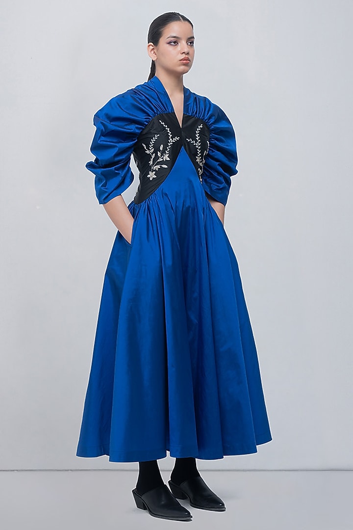 Electric Blue & Black Viscose Polyester Embellished Cocktail Dress by LEH STUDIOS at Pernia's Pop Up Shop
