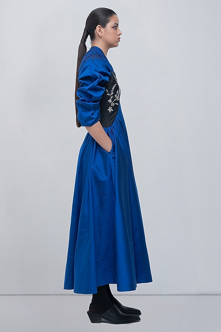 Electric Blue & Black Viscose Polyester Embellished Cocktail Dress by LEH STUDIOS at Pernia's Pop Up Shop