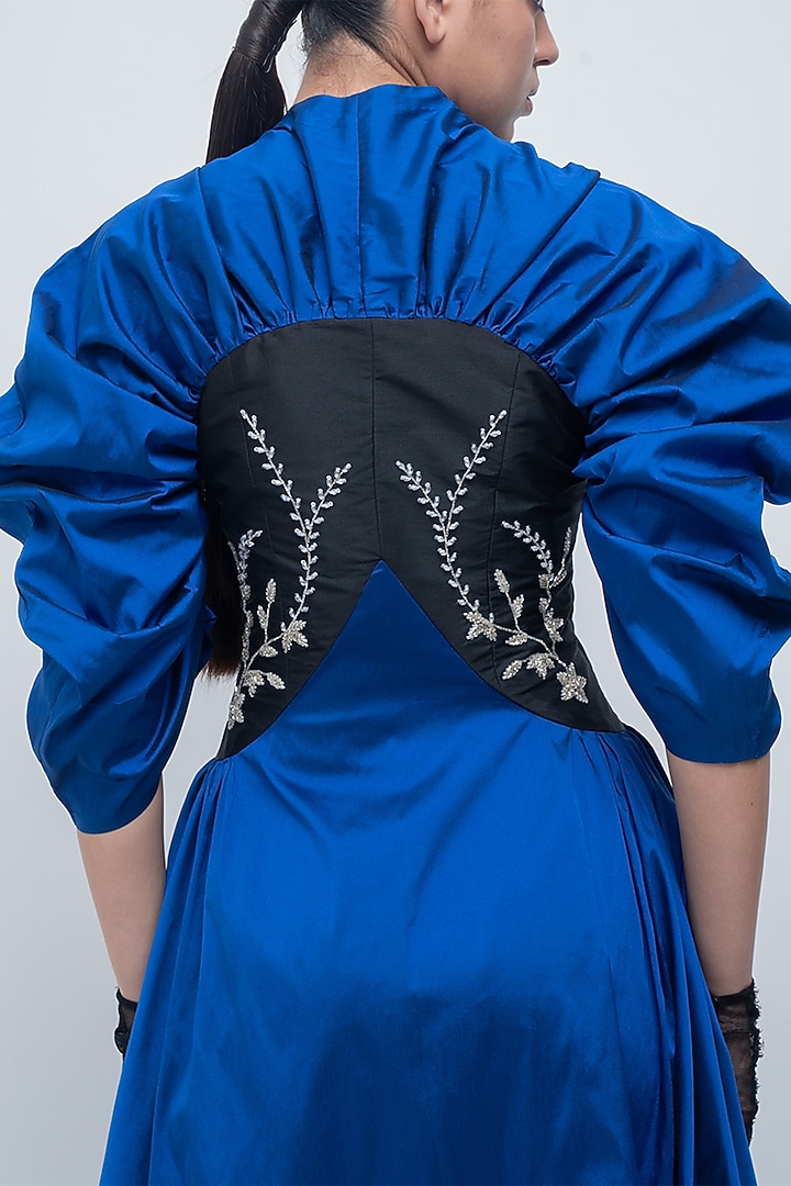 Electric Blue & Black Viscose Polyester Embellished Cocktail Dress by LEH STUDIOS at Pernia's Pop Up Shop