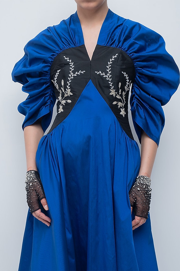 Electric Blue & Black Viscose Polyester Embellished Cocktail Dress by LEH STUDIOS at Pernia's Pop Up Shop