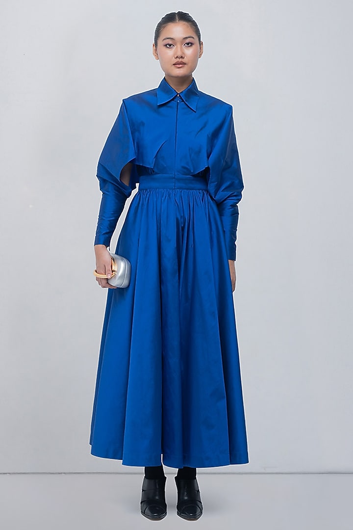Electric Blue Viscose Polyester & Taffeta Gathered Vacation Dress by LEH STUDIOS at Pernia's Pop Up Shop