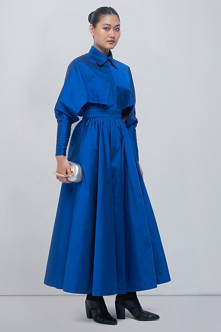 Electric Blue Viscose Polyester & Taffeta Gathered Vacation Dress by LEH STUDIOS at Pernia's Pop Up Shop