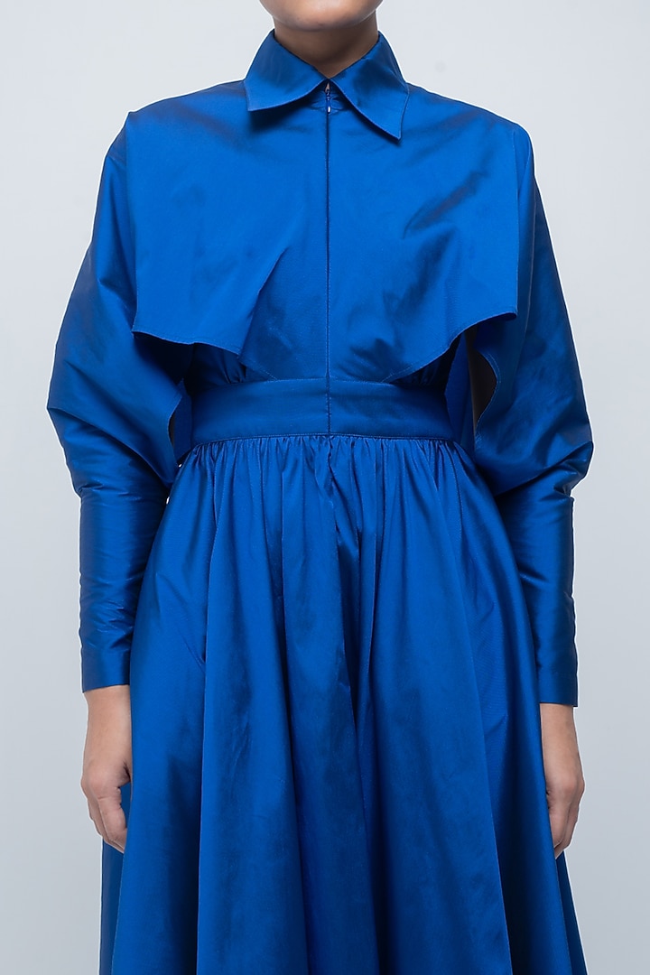 Electric Blue Viscose Polyester & Taffeta Gathered Vacation Dress by LEH STUDIOS at Pernia's Pop Up Shop