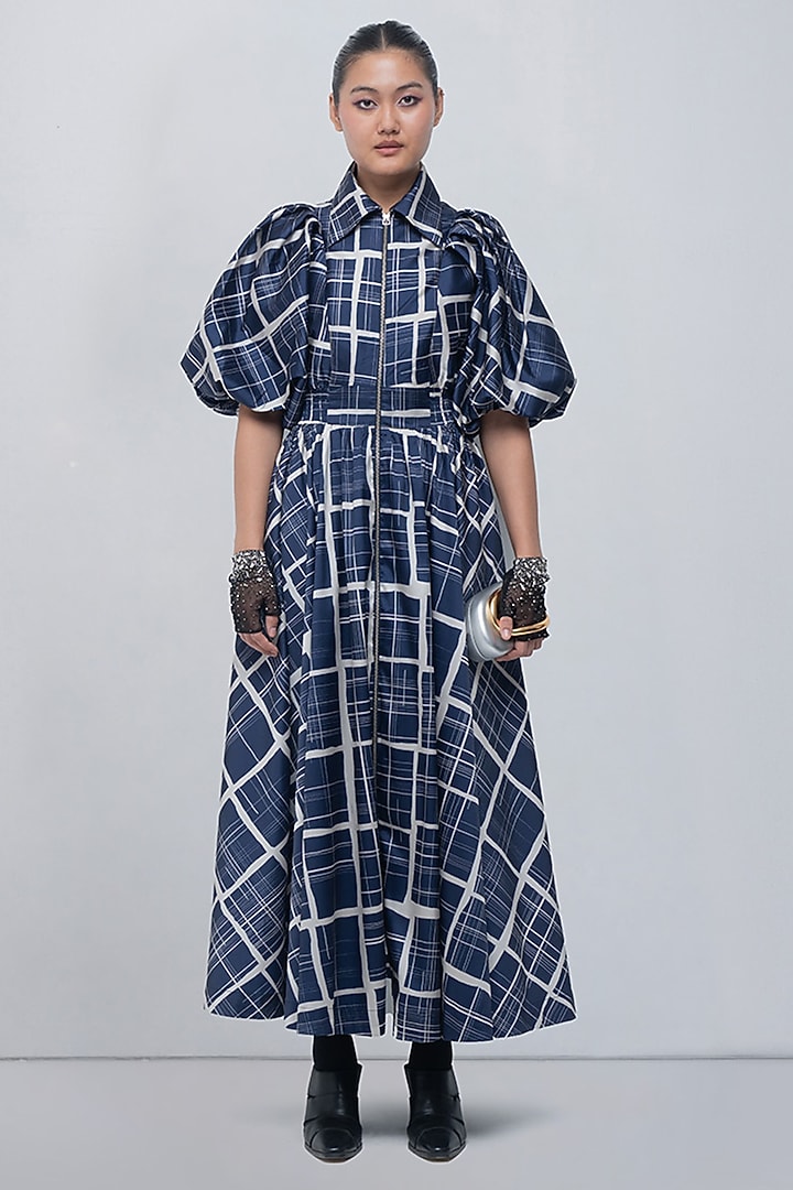 Navy & Beige Taffeta Checkered Vacation Dress by LEH STUDIOS at Pernia's Pop Up Shop