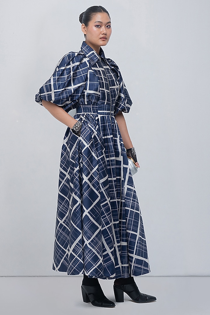 Navy & Beige Taffeta Checkered Vacation Dress by LEH STUDIOS at Pernia's Pop Up Shop