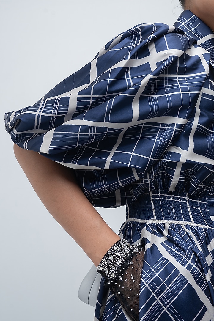 Navy & Beige Taffeta Checkered Vacation Dress by LEH STUDIOS at Pernia's Pop Up Shop